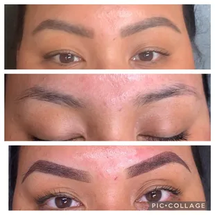 From top to bottom: clients make up, no make up, after ombré brow tattoo