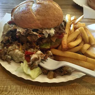 Bacon cheeseburger with cheesesteak meat.