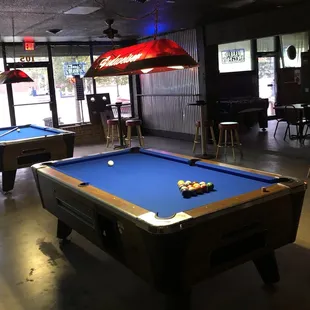 Two of our newly felted pool tables (third table not pictured). APA pool league starting every Wednesday at 6:30 pm