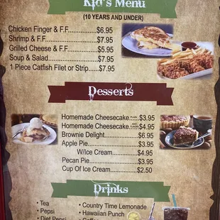 Menu with kids, desserts, and drinks