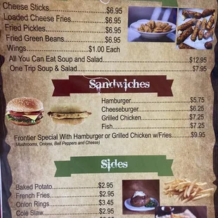 Menu with appetizers, sandwiches, and sides