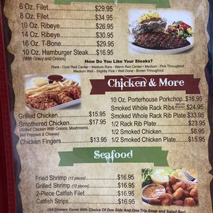 Menu with steaks, chicken, ribs, and seafood