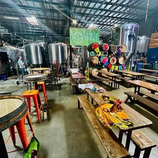 tables and benches in a brewery