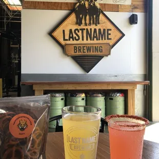 A delicious Pilsner beer, a watermelon seltzer, and the zesty pretzels.