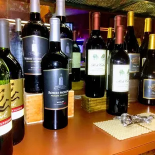 bottles of wine on a bar