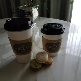 Americano, macaroons and a white mocha praline latte