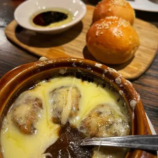French Onion Soup and Rolls