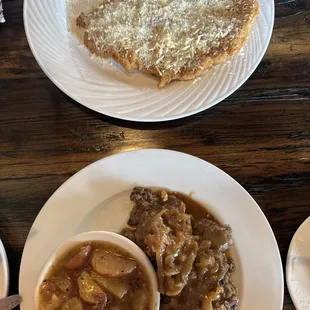 Chicken livers, German potato salad, and Italian schnitzel