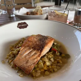PAN-SEARED KING SALMON  w/ SWEET CORN SUCCOTASH
