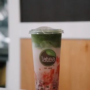 Strawberry Matcha Latte with Brown Sugar Boba!