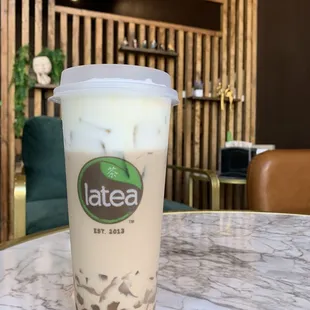 Milk tea with brown sugar boba &amp; lychee jelly &amp; creamy cheese float!