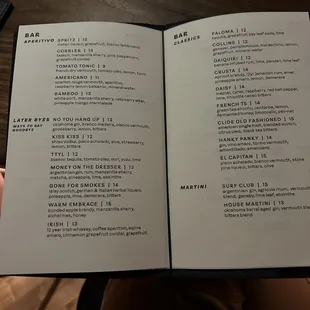 Cocktail menu