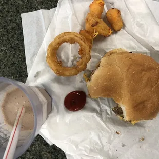 Cheeseburger, onion rings, cheese curds and chocolate shake