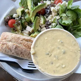 Mediterranean Salad and Roasted Poblano soup