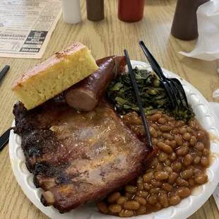 Ribs sausage , beans, greens, cornbread