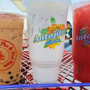 Thai tea with boba from Jin Pho, horchata, and a strawberry agua fresca from Anjitos Sinaloa.