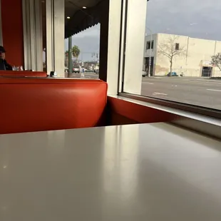 a view of a street through a window