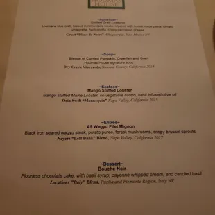 Menu the week we went