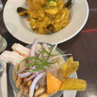 Ceviche (Leche de Tigre) and paella