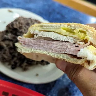 a person holding a half eaten sandwich