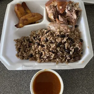 Arroz y Habichuelas con Pernil with special rice with steak in it