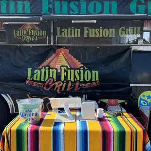 a table with a colorful table cloth