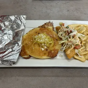 Honduran Tour $14.75 one pastelito, one pupusa, one baleada &amp; a side of green banana chips