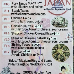 a menu for tacos menu
