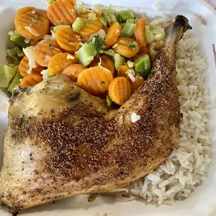 Portions here are filling +.  This is the 1/4 chicken w/ a side of veggies.  This, plus a can of soda, was only $9!  Amazing value!