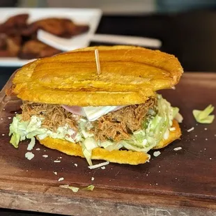Patacon sandwich with shredded beef - highly recommend!
