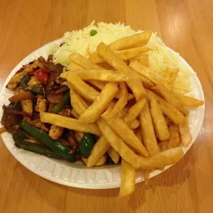 a plate of fries and rice