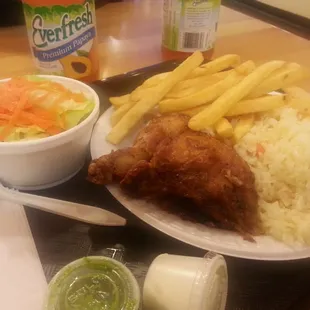 Qtr grilled chicken with rice, fries &amp; salad