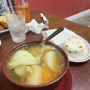 Caldo de Res with habanero sauce, rice &amp; tortillas