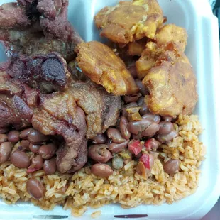 Chicharron  Dinners w/tostones, pinto beans, &amp;  Yellow Rice with Gandules