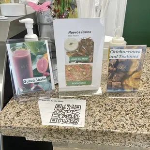 a counter with a variety of food items