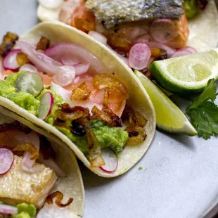 Curried salmon tacos, miso guac, crispy shallots
