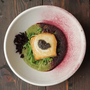 Sous vide swordfish, pea puree, hibiscus