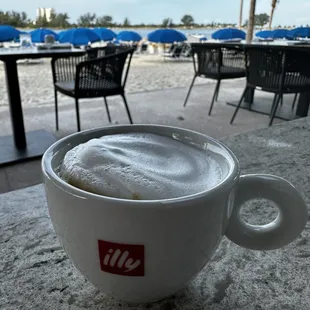 a cup of cappuccino on a table
