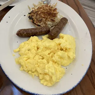 TWO  EGGS  ANY  STYLE with sausage and hash browns