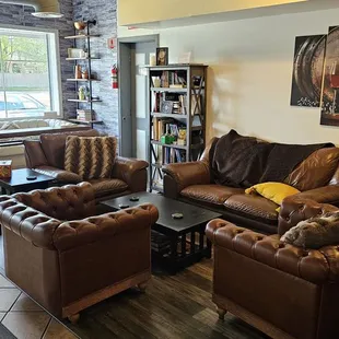Retro leather couch cushy seating area.