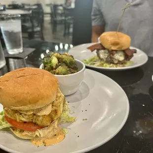 Crabcake sandwich side Brussels, bacon cheeseburger