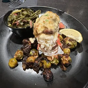 Crab Stuffed Lobster Tail* - One Tail with collard greens and Brussels sprouts