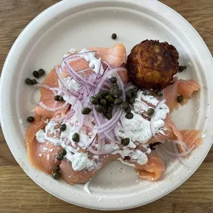Manhattan - smoked salmon, shaved red onion, capers, and dill cream. If they bottled the dill cream I&apos;d eat it on everything!