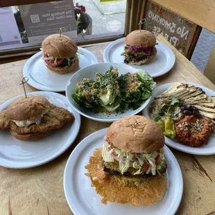 Latona Burger, Marinated Eggplant Sandwich, Caesar, Muhammara and Baba Ghanoush, Katsu Schnitzel Sandwich, Meatloaf Sandwich