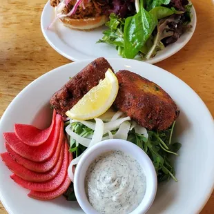 Crab cakes and pulled pork burger