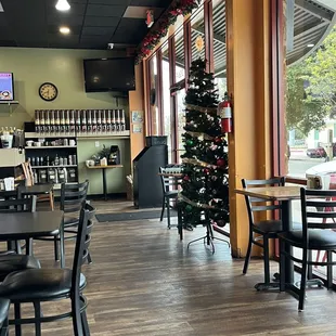 Holiday cheer greets patrons in this sunny space.