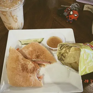 italian panini &amp; vanilla iced coffee with caramel drizzle !