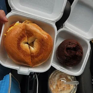 breakfast bagel sandwich with a vanilla coffee and chocolate muffin