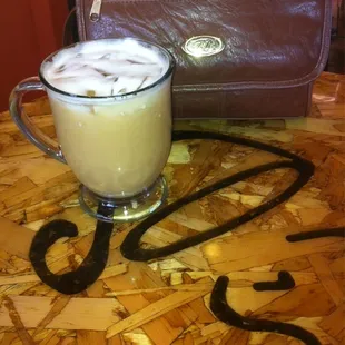 Amaretto iced latté with a shot of caramel, yum!