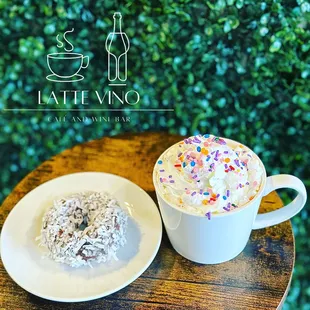 GF chocolate coconut donut and cream egg latte